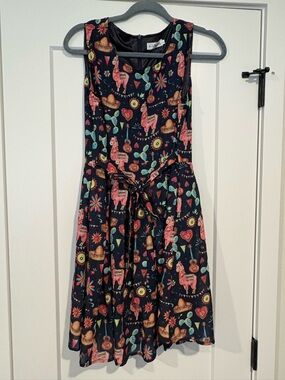 Women’s Navy Midi Dress with Colorful Folk Print